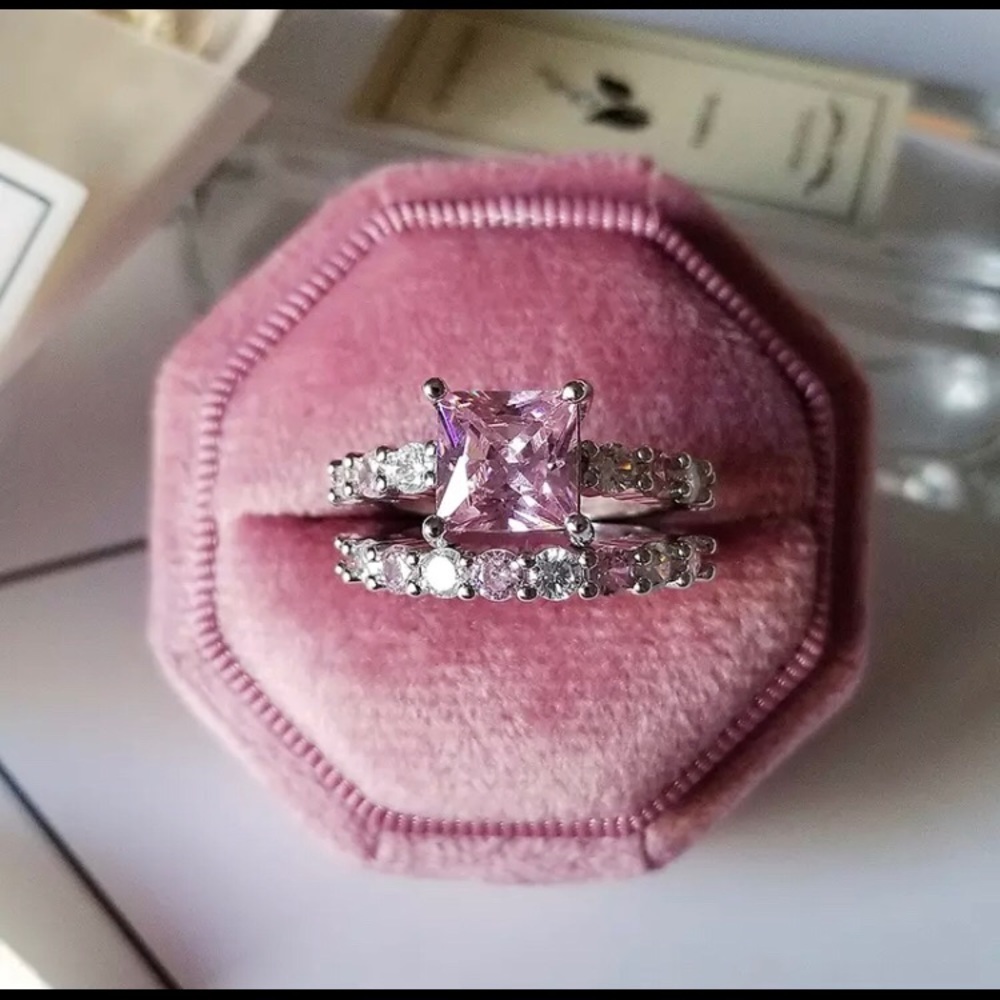 Pink Princess Cut Engagement Promise Ring Set